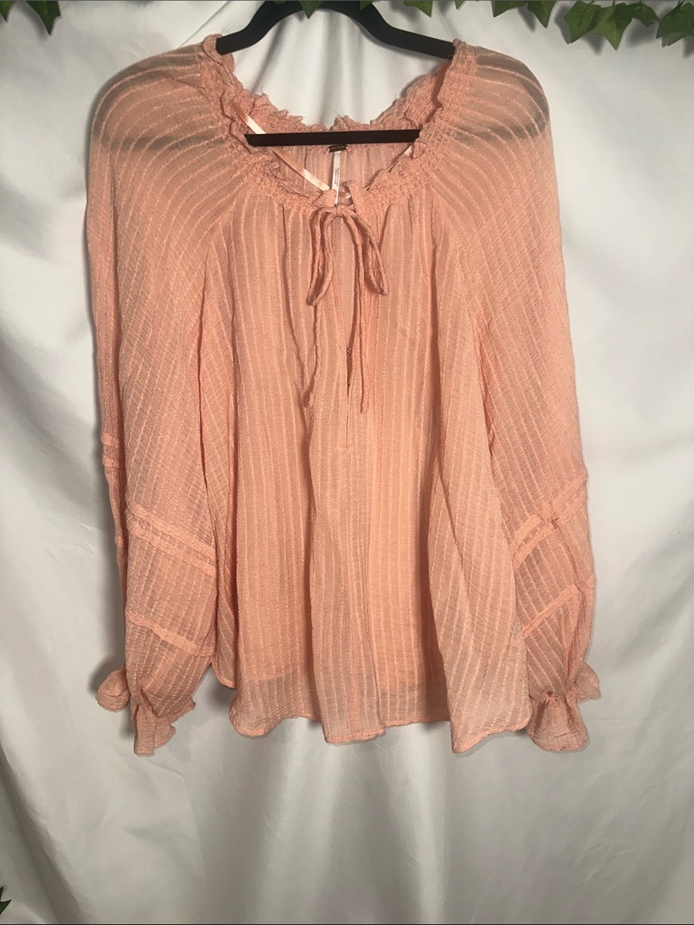 Free People Peach Tie-Neck Textured Peasant Top
